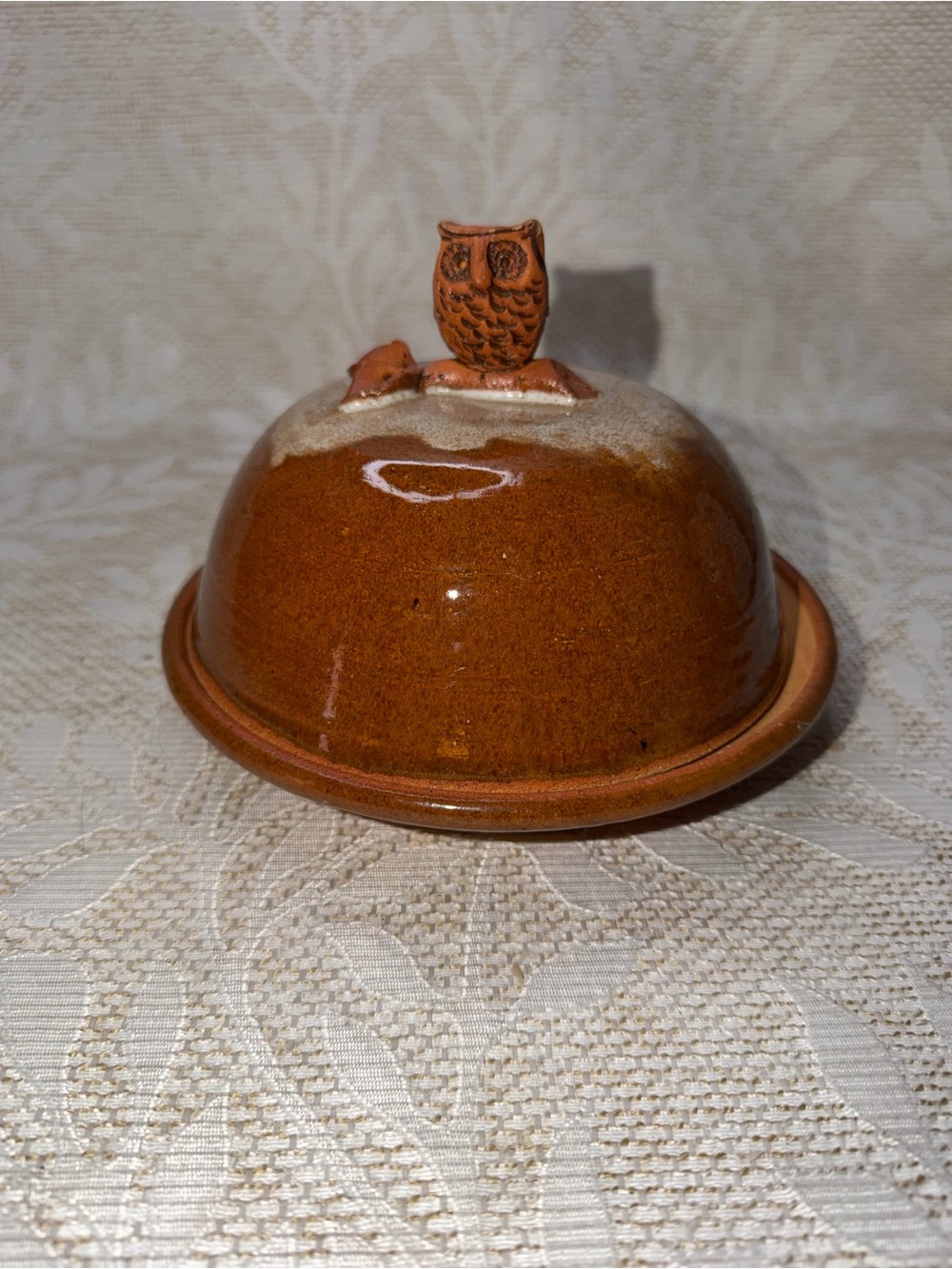 Handmade Ceramic Butter Dish with Owl Lid - Burnt Orange